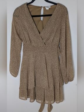 Japna Tan Animal Print Long Sleeve Tiered Faux Wrap Mini Dress Sz S Feminine